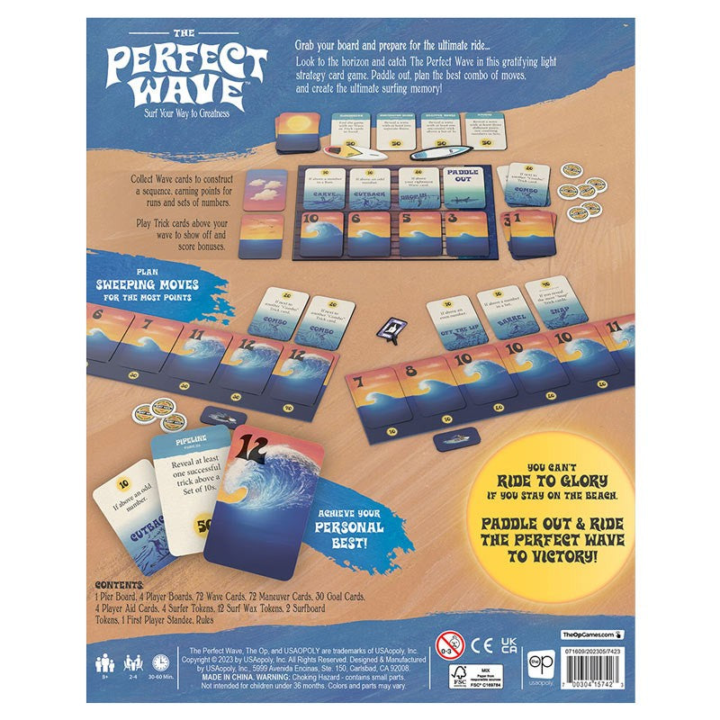 The Perfect Wave - The Perfect Wave board game packaging with colorful wave and beach illustrations, featuring cards, tokens, and a game board.