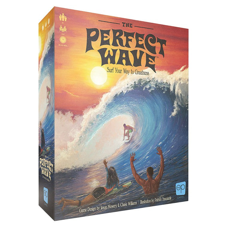 The Perfect Wave - Board game box with colorful surf and wave artwork, title "The Perfect Wave" in bold letters.