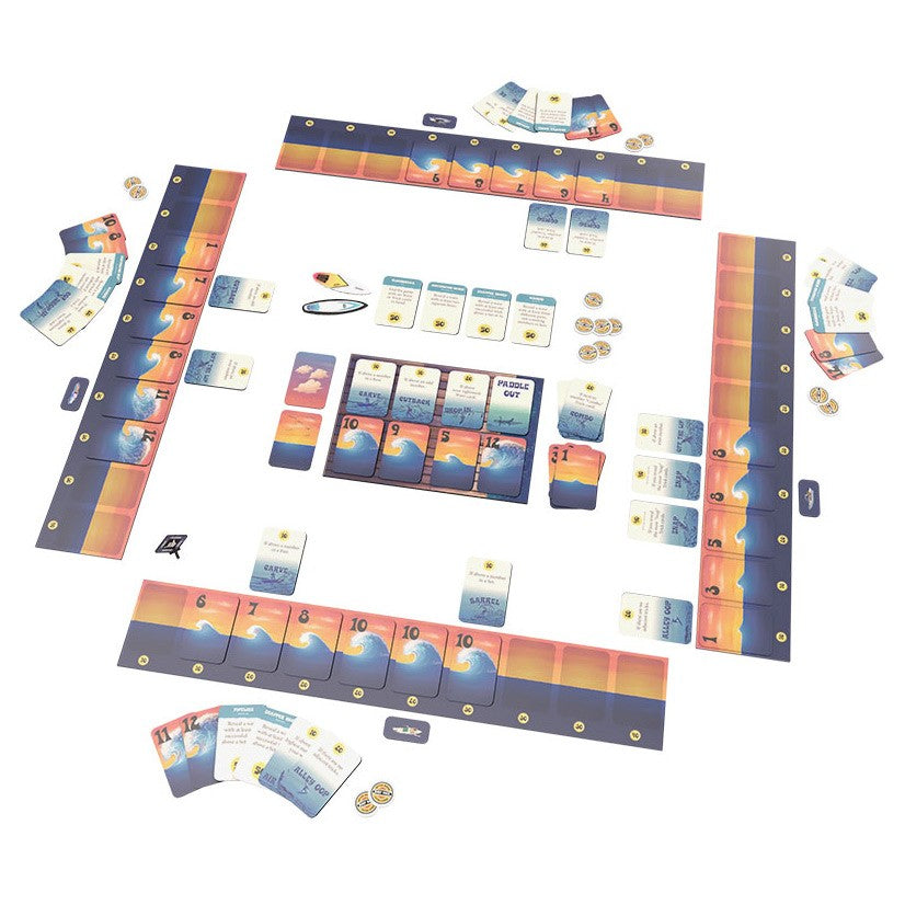 The Perfect Wave - Board game setup with colorful wave-themed cards, player boards, tokens, and a central scoring display on a white background.