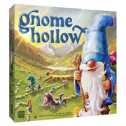 Gnome Hollow - Board game box featuring colorful gnome characters in a vibrant mountainous landscape with a large gnome figurine holding a.