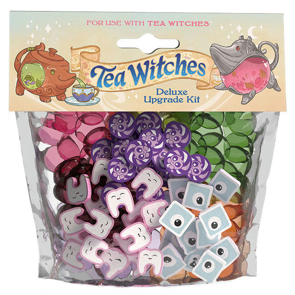 Tea Witches: Upgrade Kit - Clear bag with colorful game tokens including purple swirls, green leaves, white teeth, and gray eyes under Tea Witches.