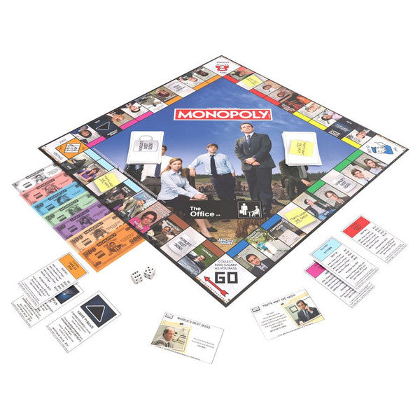 Monopoly: The Office - Square Monopoly board featuring The Office theme with colorful property spaces and character images, surrounded by cards,.