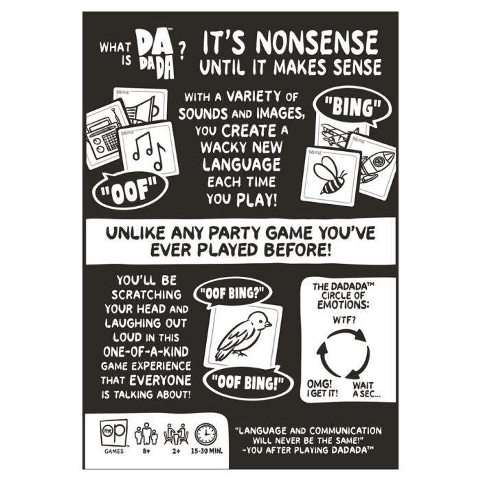 Dadada - Black and white card game box with playful text and comic-style speech bubbles describing a party game called Dadada.