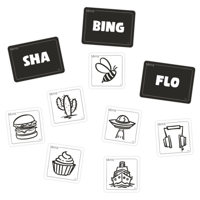 Dadada - Black and white party game cards with bold text and simple black line drawings of objects and animals.