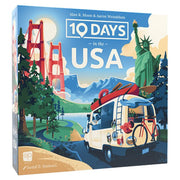 10 Days in the USA - Colorful card game box featuring a camper van with a canoe and bike, Golden Gate Bridge, and Statue of Liberty illustrations.