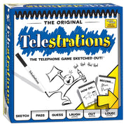 Telestrations! - Telestrations board game box with sketchpad, marker, cartoon doodles, and yellow arrow design.