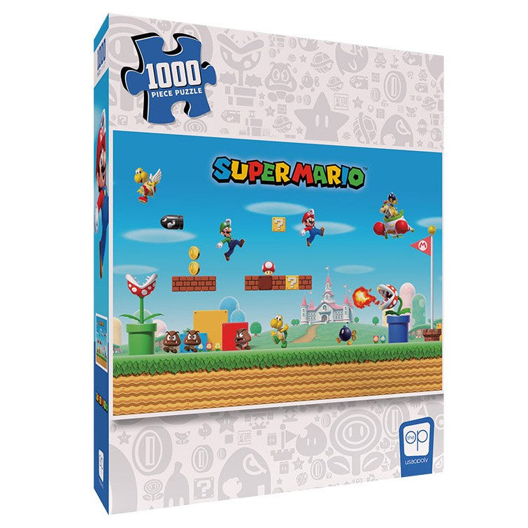 Super Mario Mayhem 1000 Piece Puzzle - Colorful Super Mario 1000-piece puzzle box featuring iconic game characters and level design elements.