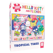 Hello Kitty & Friends Tropical Times 1000 Piece Puzzle - Colorful puzzle box featuring Hello Kitty and friends in tropical attire surrounded by vibrant plants and animals, labeled.