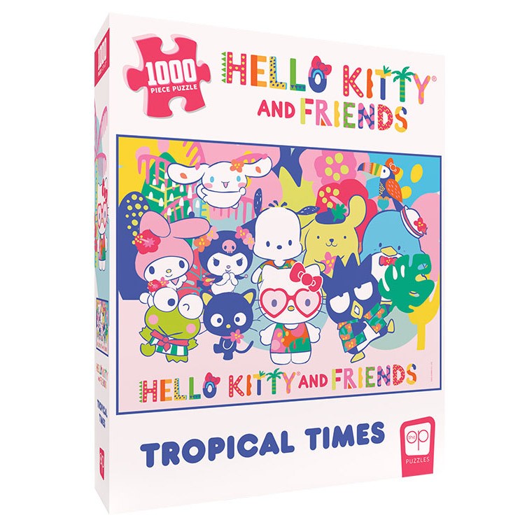 Hello Kitty & Friends Tropical Times 1000 Piece Puzzle - Colorful puzzle box featuring Hello Kitty and friends in tropical attire surrounded by vibrant plants and animals, labeled.