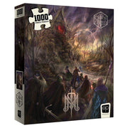 Critical Role Isharnai's Hut 1000 Piece Puzzle - Dark fantasy scene puzzle box with adventurers facing a shadowy hut in a twisted forest, 1000 pieces.