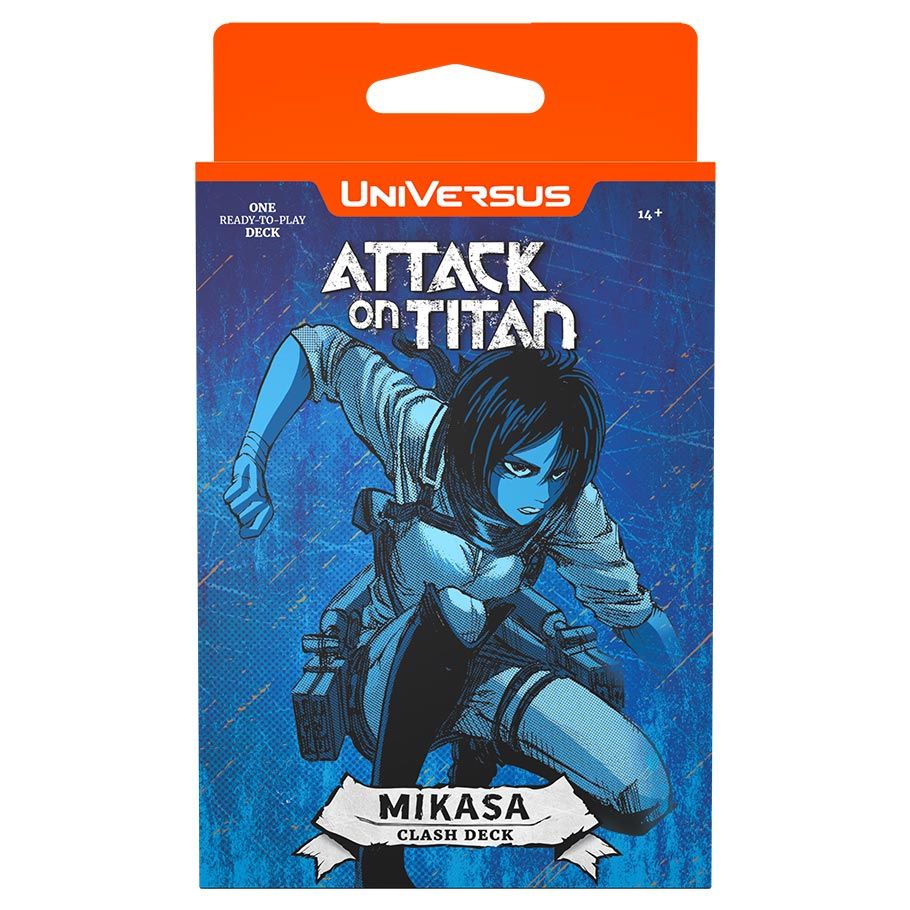 UniVersus: Attack on Titan: Battle for Humanity: Mikasa Clash Deck - UniVersus Attack on Titan Mikasa Clash Deck packaging with blue background and dynamic anime character illustration.