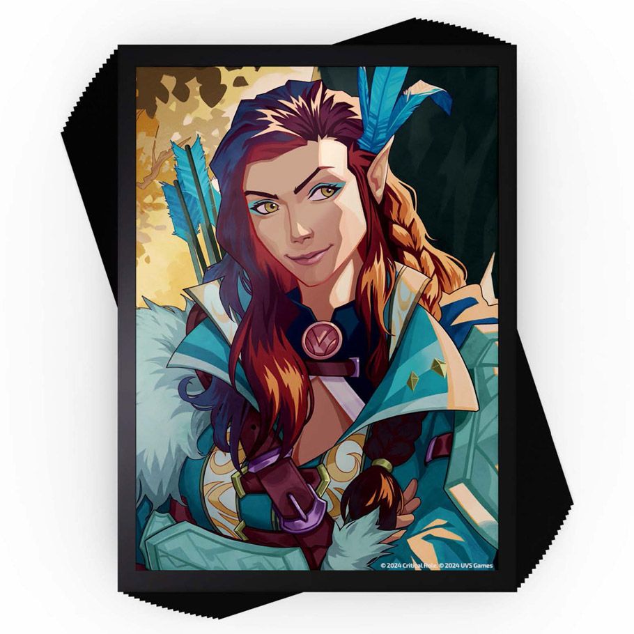 Deck Protector: Foil: UniVersus: Critical Role: Vox Machina: Vex - Deck protector sleeve featuring vibrant illustration of red-haired archer woman in blue and white armor with arrows on her.