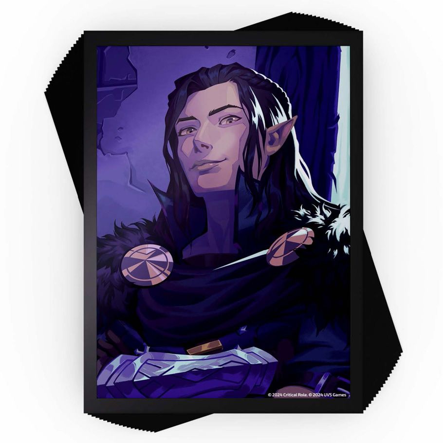 Deck Protector: Foil: UniVersus: Critical Role: Vox Machina: Vax - Foil deck protector featuring a dark-haired elf with pointed ears in a black cloak, set against a purple stone background.