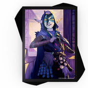 Deck Protector: Foil: UniVersus: Critical Role: Vox Machina: Nott - Set of black card sleeves featuring a foil illustration of a purple-clad elf with blue hair and glowing yellow eyes, holding