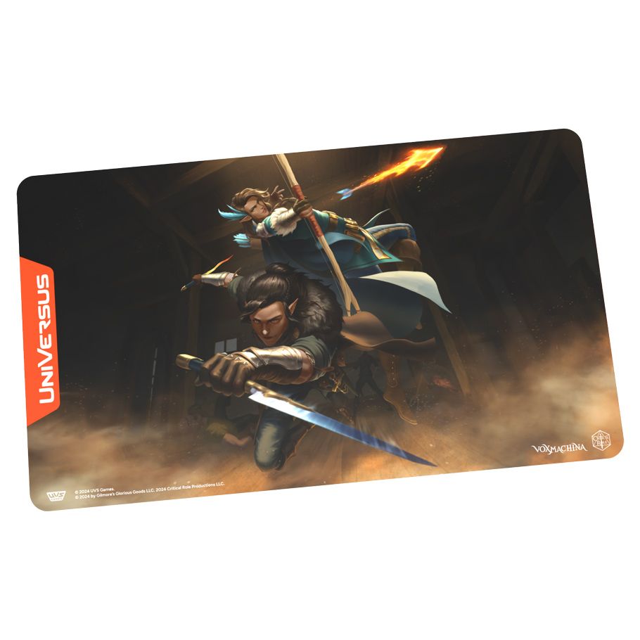 Playmat: UniVersus: Critical Role: Arrows & Daggers - Rectangular gaming playmat with dark fantasy artwork of two armed characters in dynamic pose, featuring black, brown, and.