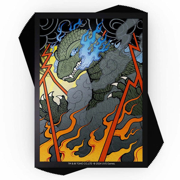 Deck Protector: UniVersus: Godzilla (100) - Rectangular card sleeve featuring Godzilla with blue flames on head, surrounded by orange and red lightning and fire details.