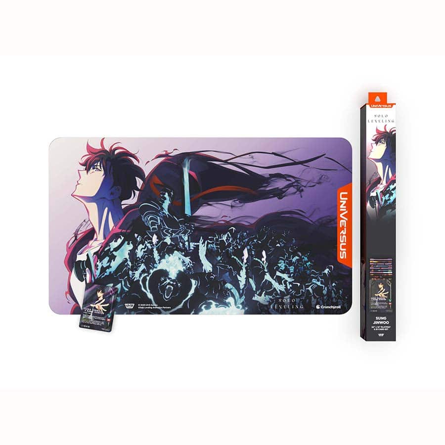 Universus: Solo Leveling Shadow Monarch Spotlight Bundle - Gaming mouse pad featuring dark fantasy artwork with a red-haired character and shadowy figures on a purple and black.