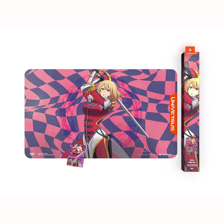 Universus: Solo Leveling S-Rank Hunter Bundle - Cha Hae-In - Gaming mouse pad with purple and pink checkered design featuring anime character Cha Hae-In in red and white outfit,.