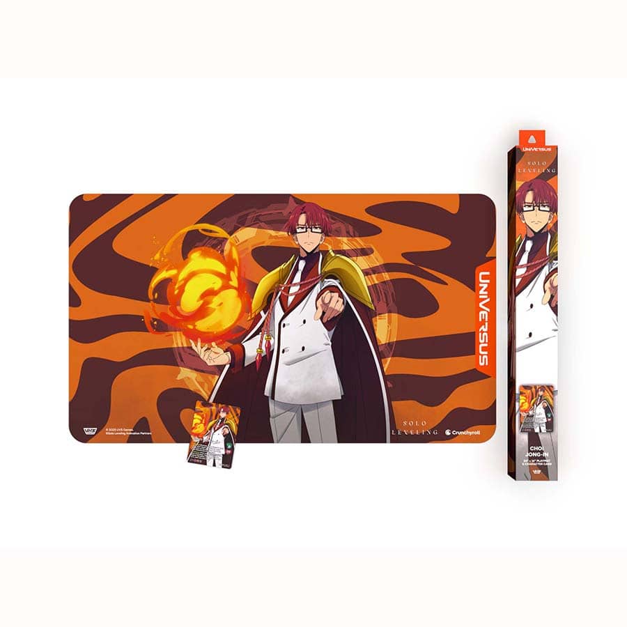 Universus: Solo Leveling S-Rank Hunter Bundle - Choi Jong-In - Gaming mouse pad with anime character in white suit and fiery orb, orange and black swirl background.