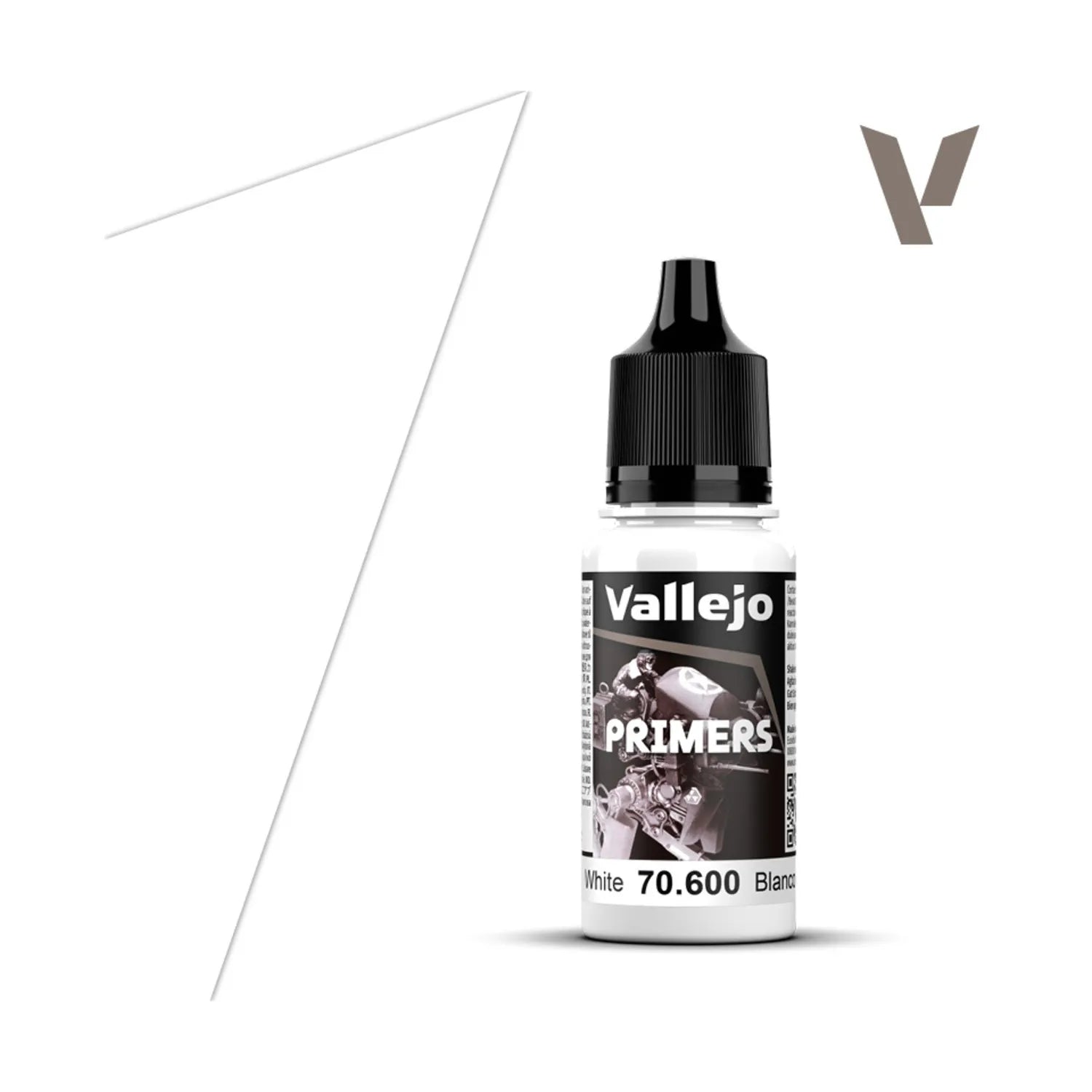 Vallejo Primer: White (18ml) - White Vallejo Primer paint bottle with black cap, 18ml, detailed label design.