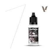 Vallejo Primer: White (18ml) - White Vallejo Primer paint bottle with black cap, 18ml, detailed label design.