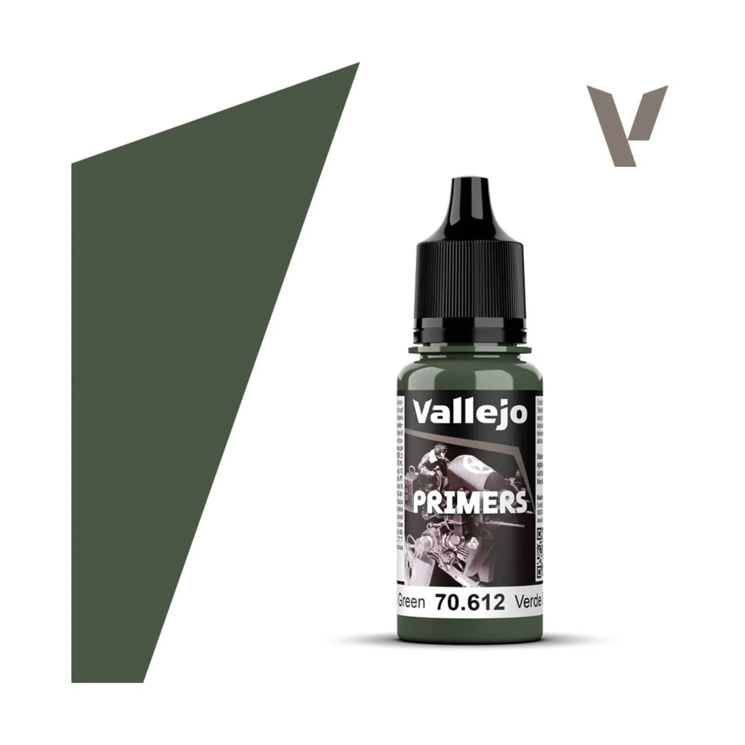 Vallejo Primer: NATO Green (18ml) - 18ml matte NATO green primer bottle with black twist cap and Vallejo label.