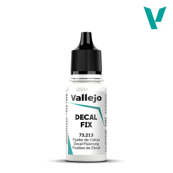 Vallejo Decal Fix (18ml) - Small clear plastic bottle with black cap labeled Vallejo Decal Fix, 18ml, with teal and black text and graphics.