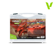 Vallejo Game Air: Creative Full Collection Case (PREORDER) - White plastic carrying case with handle, featuring a colorful label of Vallejo Game Air paint collection and a red dragon.