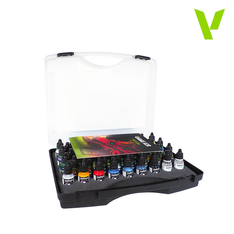 Vallejo Game Air: Creative Full Collection Case (PREORDER) - Black plastic carrying case with clear lid containing multiple small paint bottles in various colors and a Vallejo Game Air.