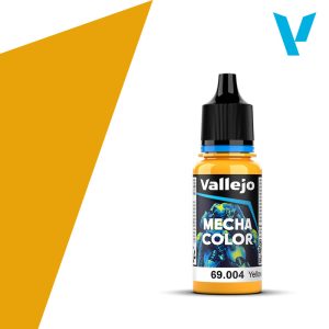 Vallejo Mecha Color: Yellow (18ml) - Small translucent plastic bottle of bright yellow Vallejo Mecha Color paint with black dropper cap and detailed label design.