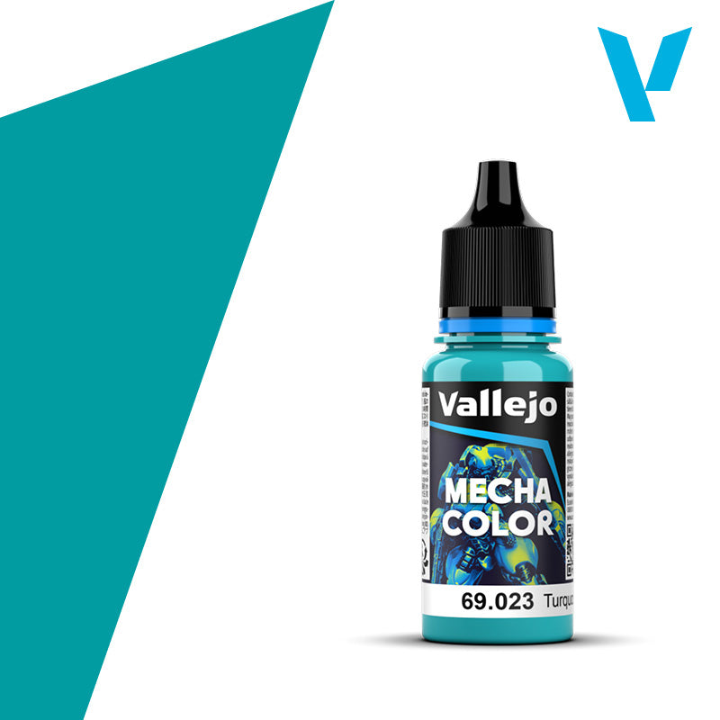 Vallejo Mecha Color: Turquoise (18ml) - Small plastic paint bottle in turquoise with black twist cap and detailed Vallejo Mecha Color label.