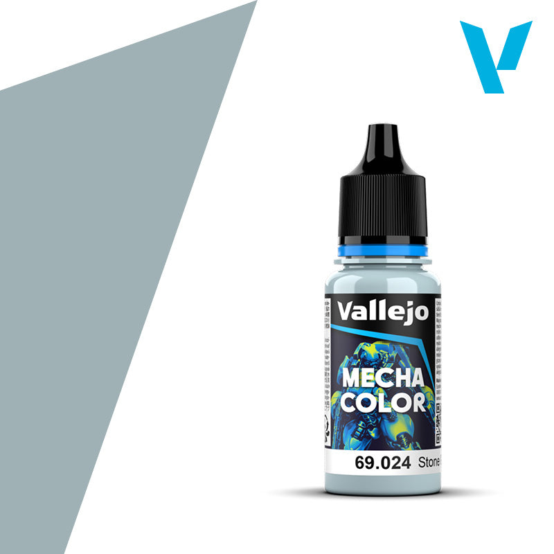 Vallejo Mecha Color: Stone Grey (18ml) - Small plastic bottle of Vallejo Mecha Color Stone Grey acrylic paint with a black cap and colorful label.