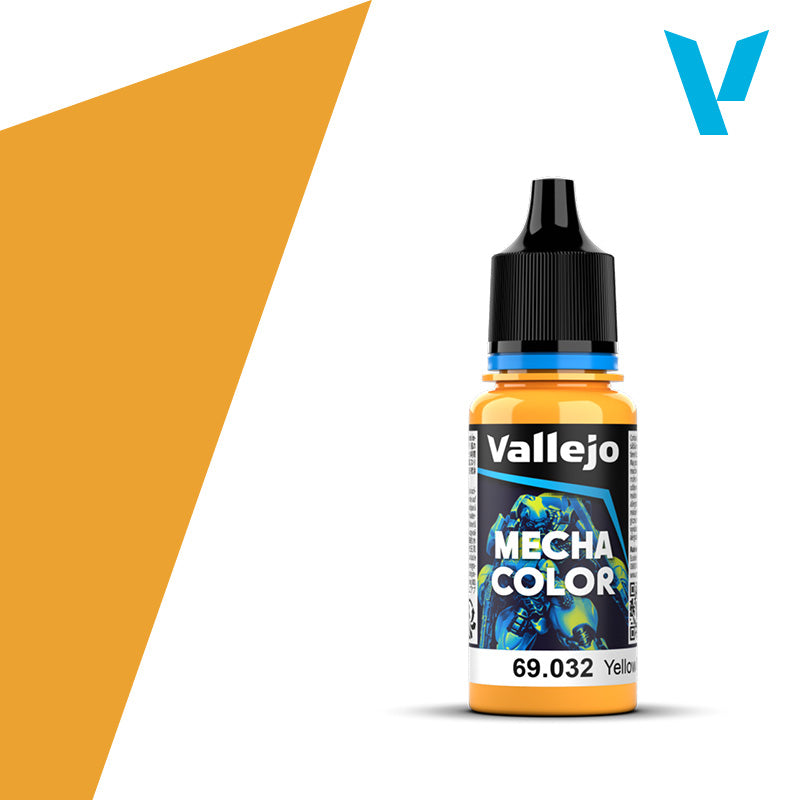 Vallejo Mecha Color: Yellow Ochre (18ml) - Small plastic bottle of Vallejo Mecha Color paint in yellow ochre with black screw cap and detailed label.