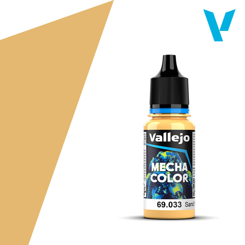 Vallejo Mecha Color: Sand Yellow (18ml) - 18ml Vallejo Mecha Color paint bottle in sand yellow with black dropper cap and colorful label.