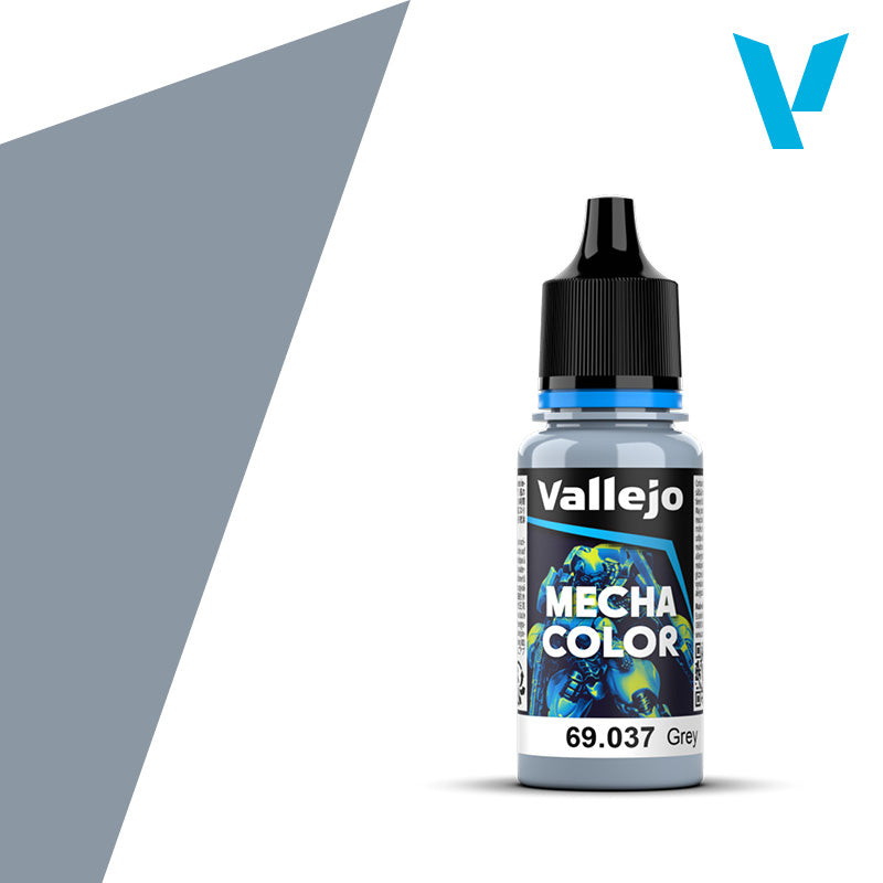 Vallejo Mecha Color: Grey (18ml) - Small clear plastic bottle of Vallejo Mecha Color paint in grey with black flip-top cap and colorful label design.