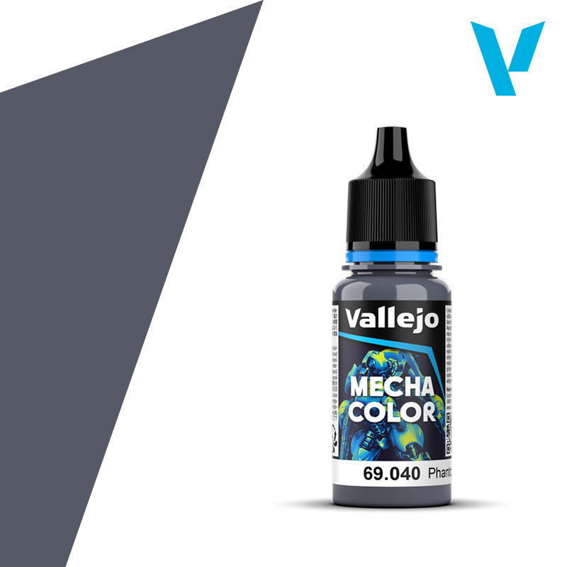 Vallejo Mecha Color: Phantom Grey (18ml) - 18ml Vallejo Mecha Color bottle with gray paint labeled Phantom Grey and a black dropper cap.