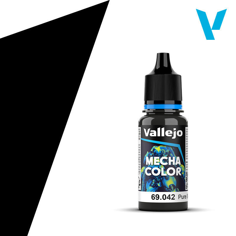 Vallejo Mecha Color: Pure Black (18ml) - 18ml Vallejo Mecha Color Pure Black acrylic paint bottle with black cap and colorful label.