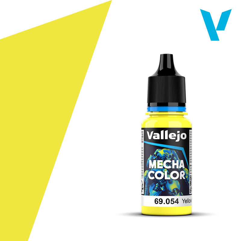 Vallejo Mecha Color: Yellow Fluorescent (18ml) - Small bottle of Vallejo Mecha Color fluorescent yellow paint with black screw cap and blue label accents.