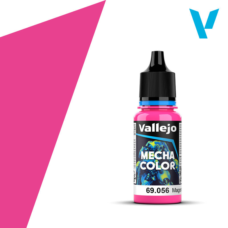 Vallejo Mecha Color: Magenta Fluorescent (18ml) - Bright magenta fluorescent acrylic paint bottle with black cap and colorful label, 18ml.