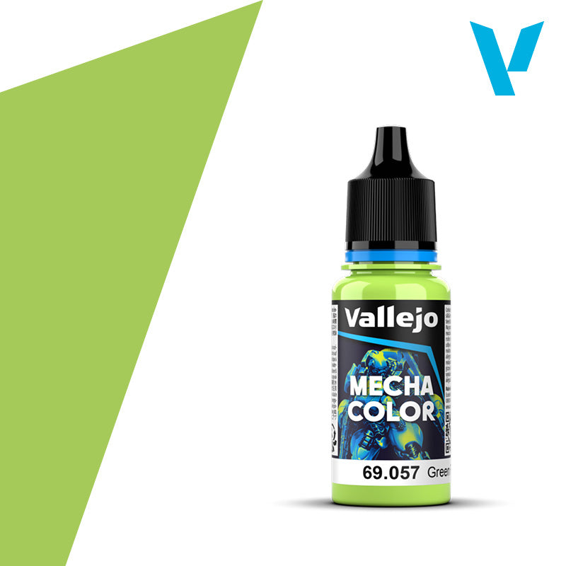 Vallejo Mecha Color: Green Fluorescent (18ml) - Small plastic bottle of bright green fluorescent paint with black twist cap and detailed label reading Vallejo Mecha Color.