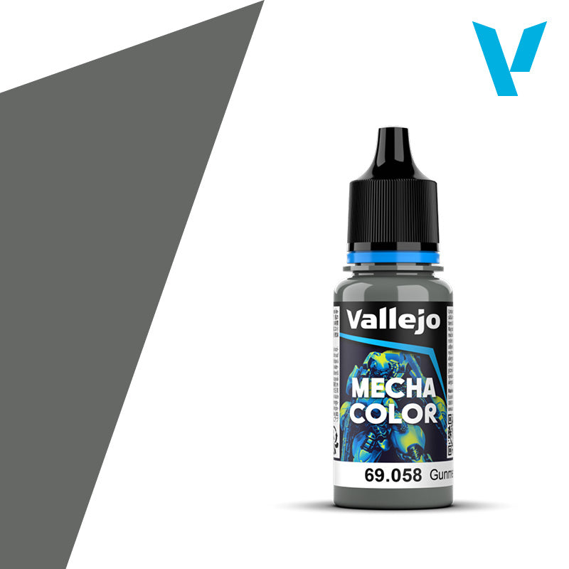Vallejo Mecha Color: Gunmetal Metallic (18ml) - 18ml Vallejo Mecha Color paint bottle with black cap and gunmetal metallic shade swatch on left.