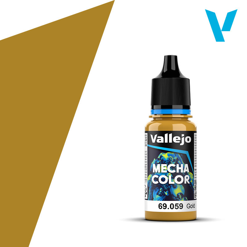 Vallejo Mecha Color: Gold Metallic (18ml) - Small plastic bottle of Vallejo Mecha Color paint in metallic gold with black cap and blue label accents.