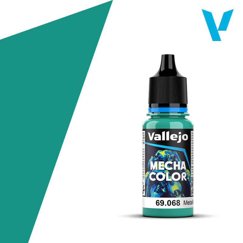 Vallejo Mecha Color: Metallic Green (18ml) - Small plastic bottle of Vallejo Mecha Color metallic green paint with black twist cap and colorful label.