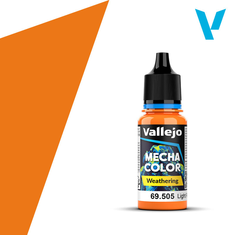 Vallejo Mecha Color: Light Rust Wash (18ml) - 18ml bottle of Vallejo Mecha Color Light Rust Wash weathering paint with black cap and blue label accents.