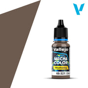 Vallejo Mecha Color: Oiled Earth Wash (18ml) - Small plastic bottle of Vallejo Mecha Color paint in dark brown shade labeled Oiled Earth Wash with black dropper cap.