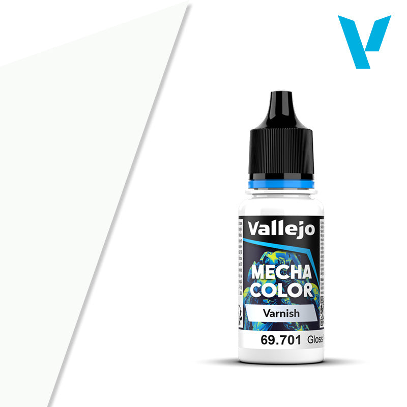 Vallejo Mecha Varnish: Gloss (18ml) - Small white plastic bottle of Vallejo Mecha Color gloss varnish with black cap and blue accent band, 18ml.