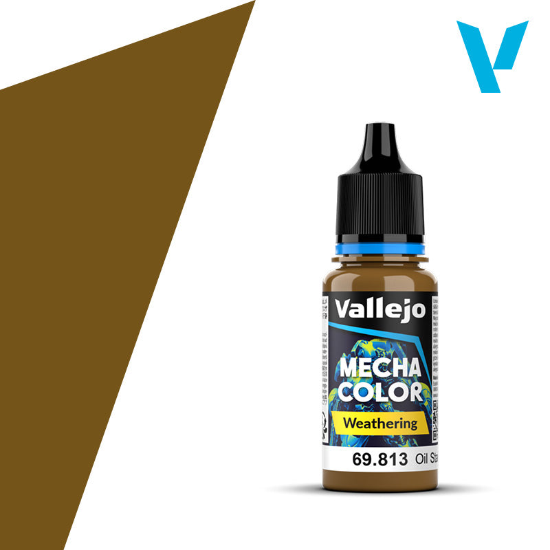 Vallejo Mecha Color: Oil Stains Gloss (18ml) - Small brown plastic paint bottle with black cap labeled Vallejo Mecha Color Oil Stains Gloss 18ml.