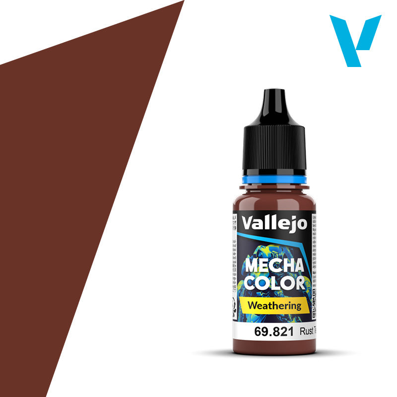 Vallejo Mecha Color: Rust Texture Matt (18ml) - Brown rust-colored matte paint bottle with black cap and blue label accents.