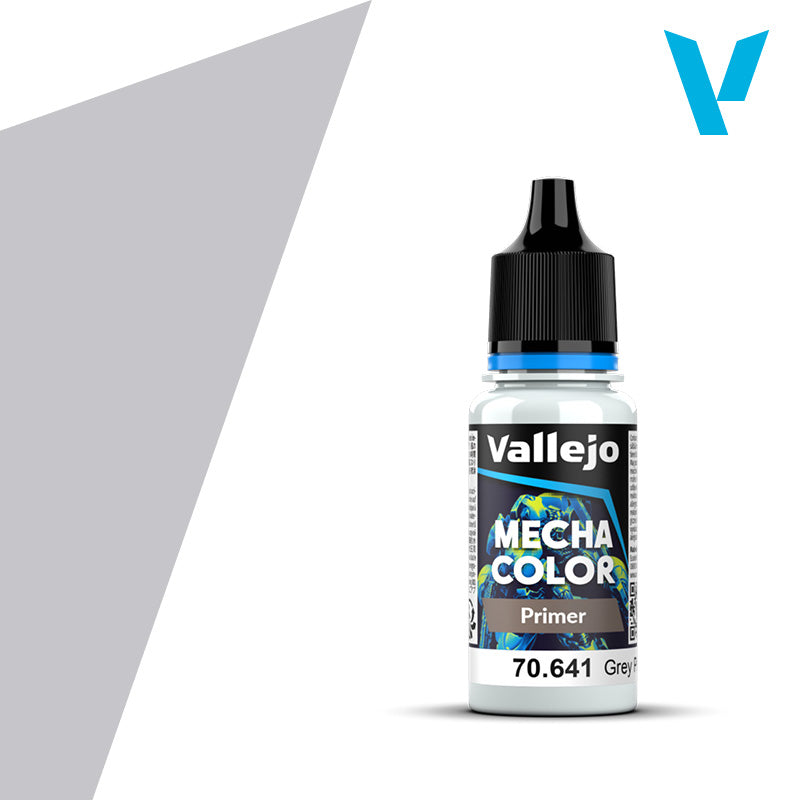 Vallejo Mecha Color: Grey Primer (18ml) - Small clear plastic bottle of Vallejo Mecha Color Grey Primer paint with black screw cap and colorful label.