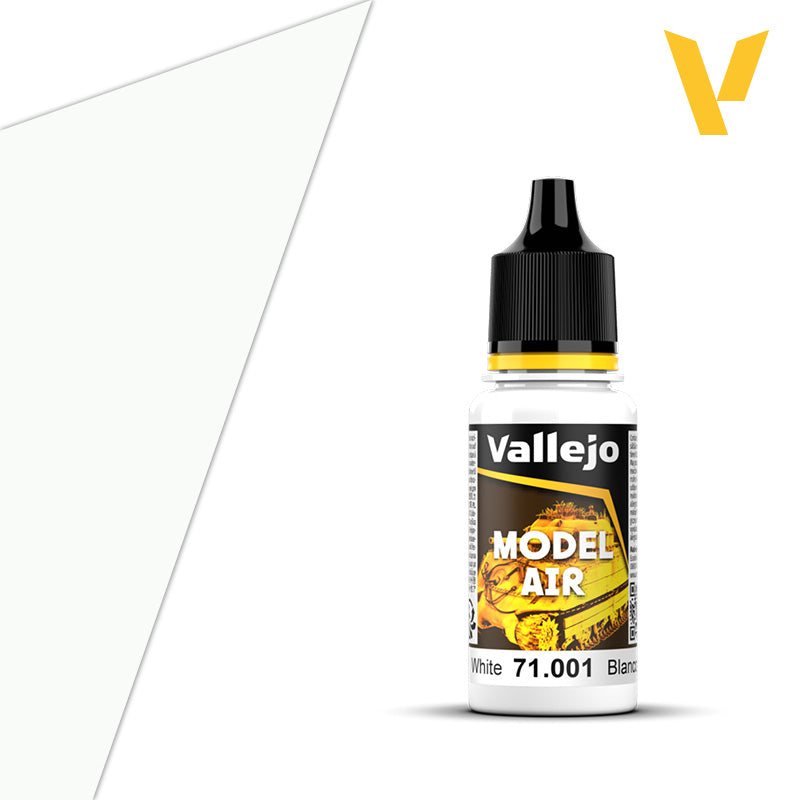 Vallejo Model Air: White (18ml) - 18ml clear plastic bottle of Vallejo Model Air white acrylic paint with black cap and yellow label accents.
